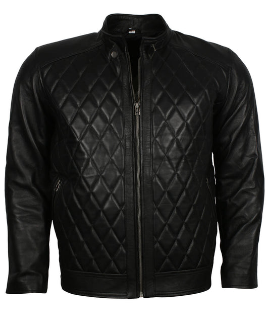 Men Diamond Quilted Snap Collar Black Leather Jacket
