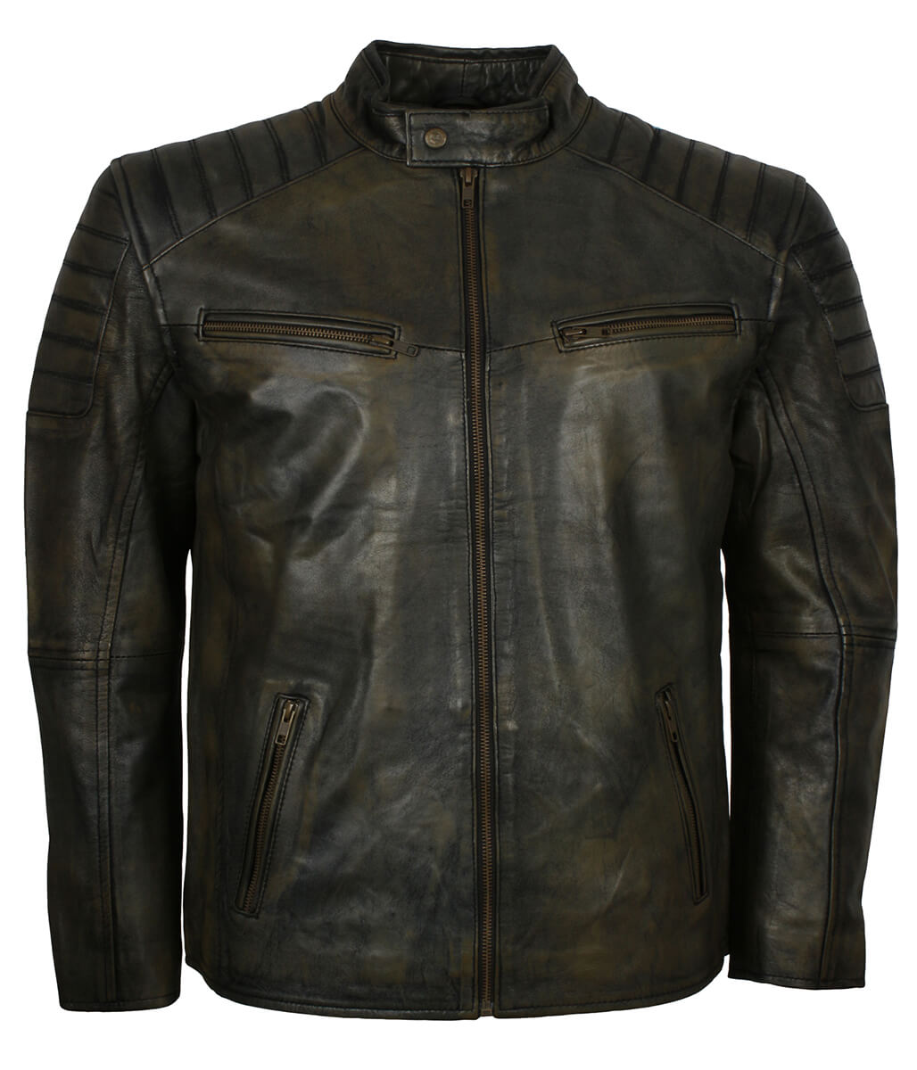 Men Distressed Black Olive Leather Jacket