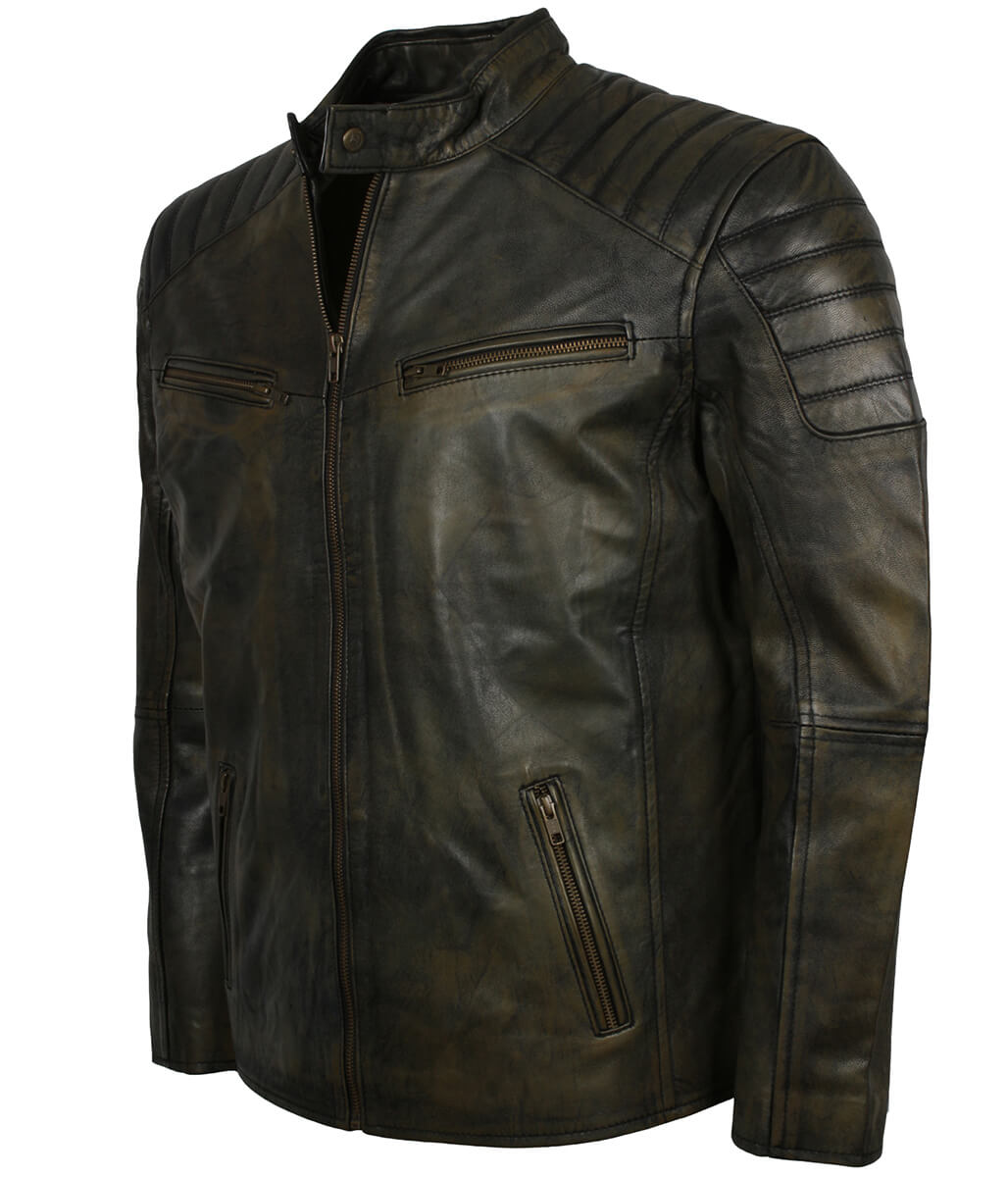 Men Distressed Black Olive Leather Jacket