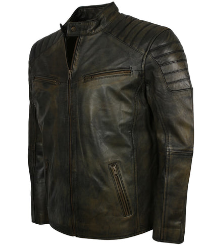 Men Distressed Black Olive Leather Jacket