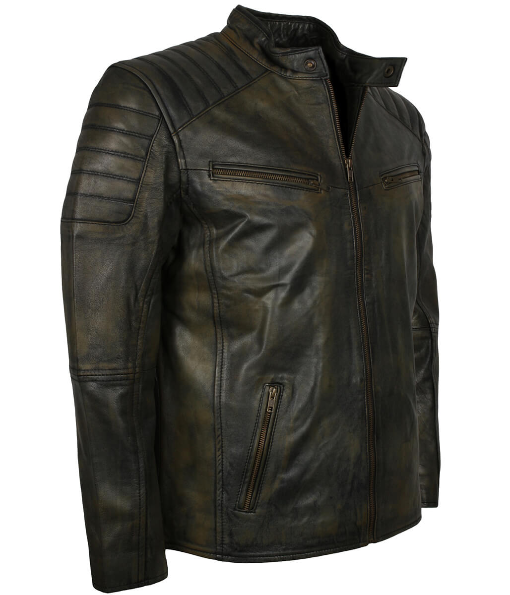 Men Distressed Black Olive Leather Jacket