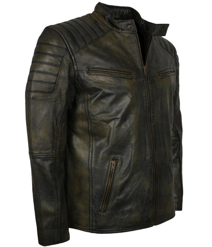 Men Distressed Black Olive Leather Jacket