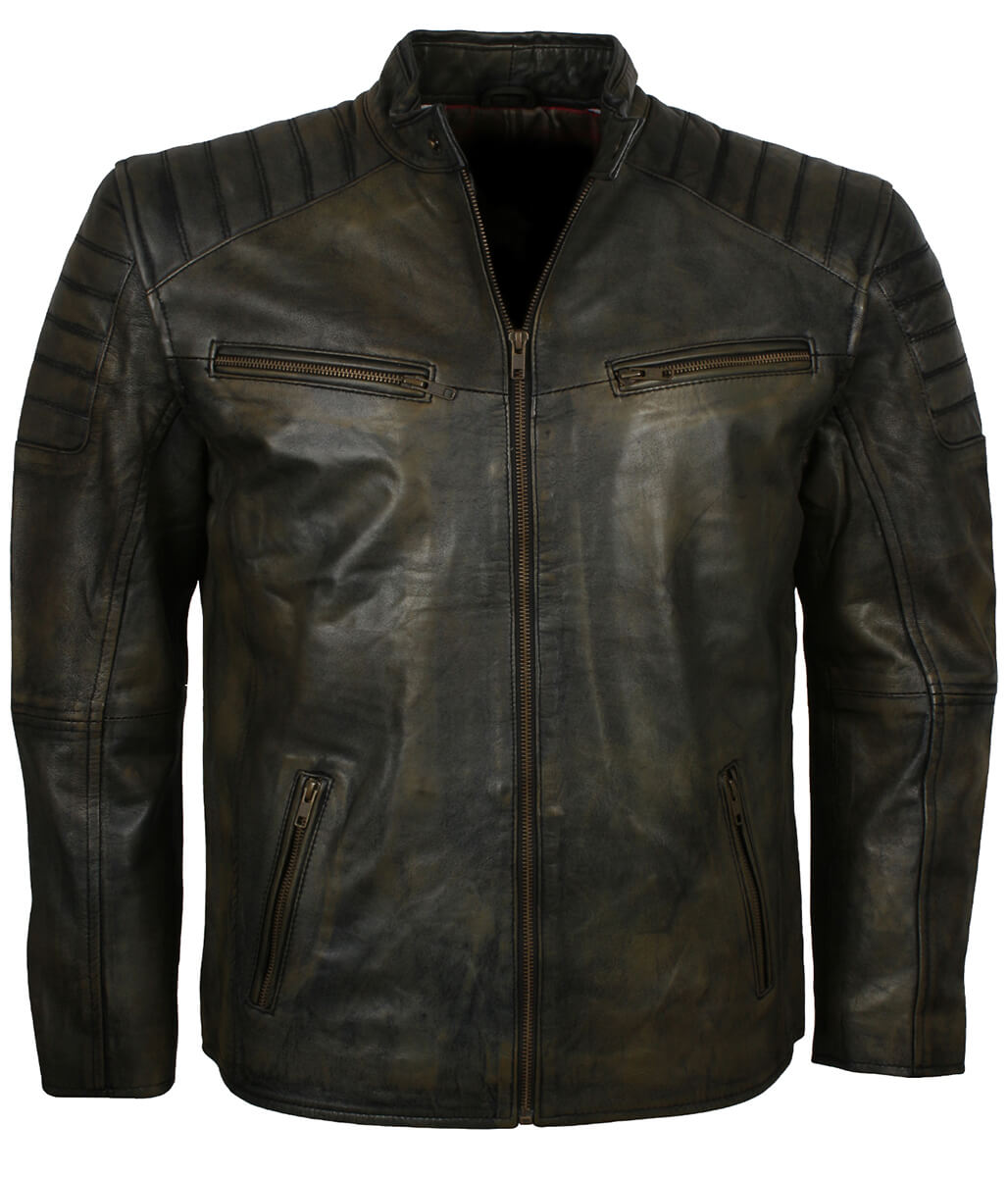 Men Distressed Black Olive Leather Jacket