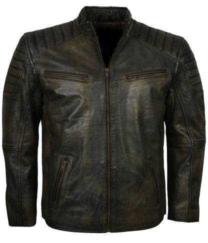 Men Distressed Black Olive Leather Jacket