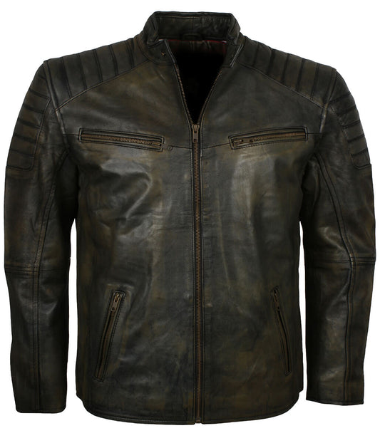 Men Distressed Black Olive Leather Jacket