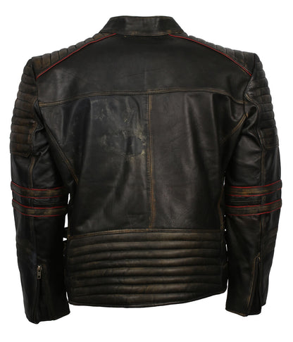 Men Distressed Black Red Striped Quilted Leather Jacket