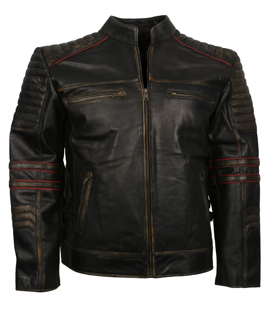 Men Distressed Black Red Striped Quilted Leather Jacket