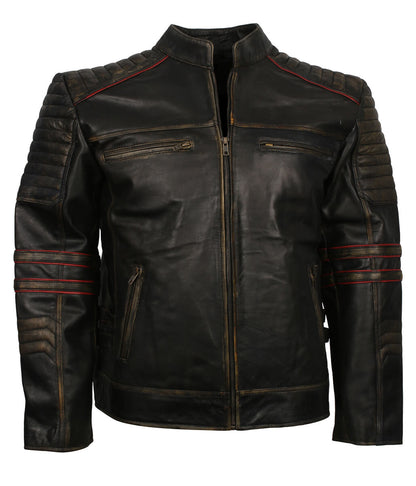 Men Distressed Black Red Striped Quilted Leather Jacket