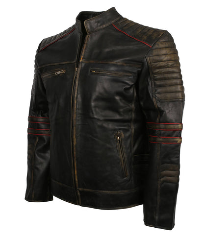 Men Distressed Black Red Striped Quilted Leather Jacket