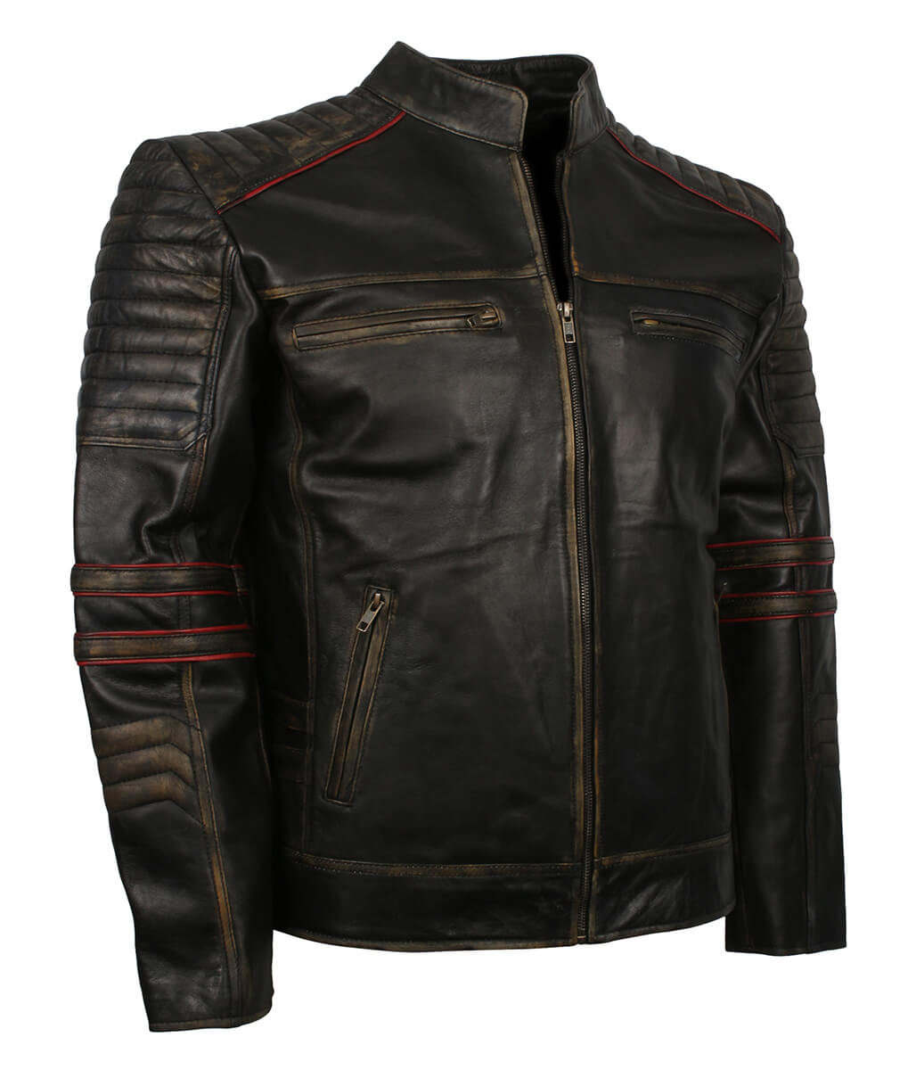 Men Distressed Black Red Striped Quilted Leather Jacket