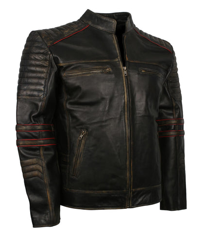 Men Distressed Black Red Striped Quilted Leather Jacket