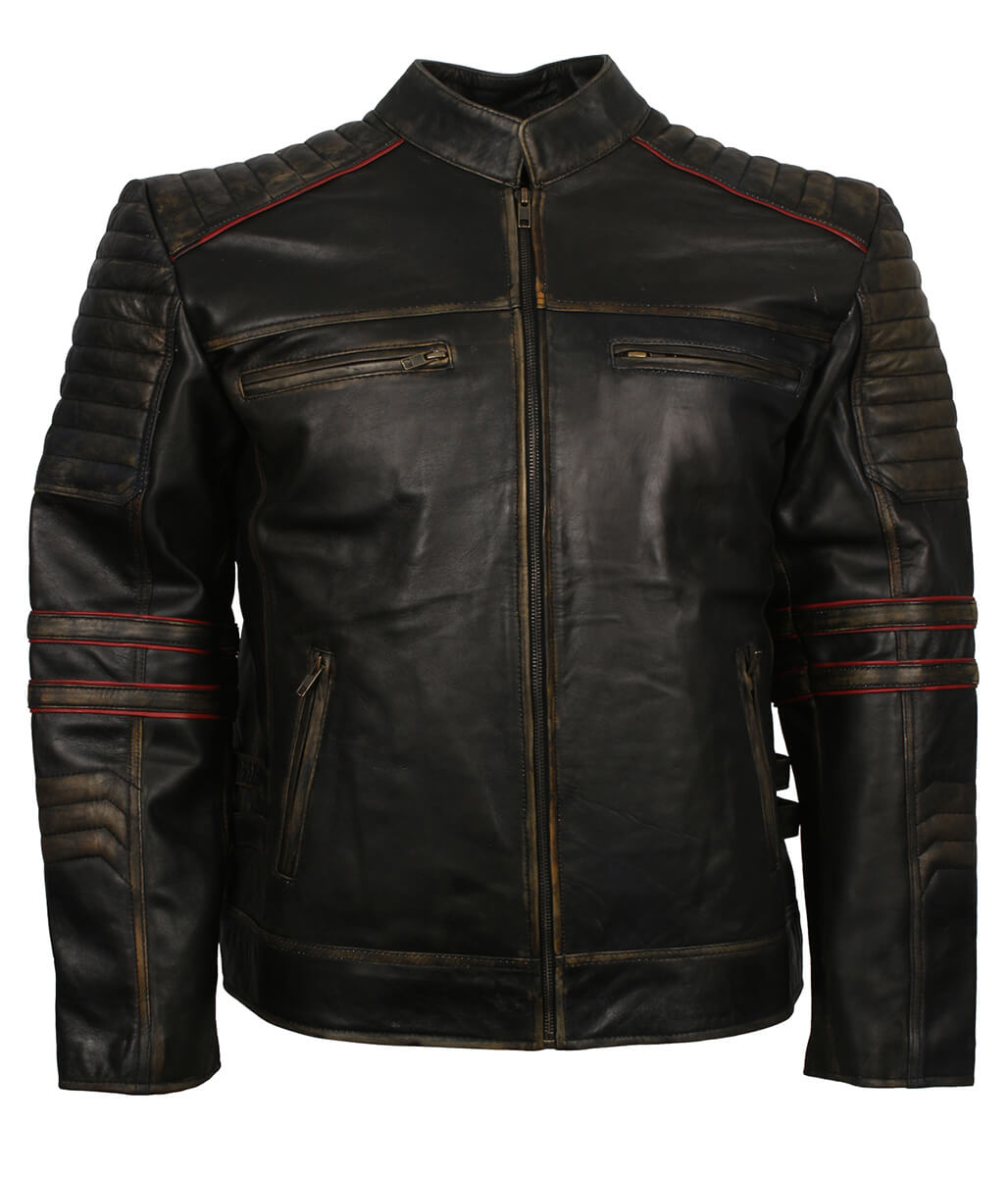 Men Distressed Black Red Striped Quilted Leather Jacket