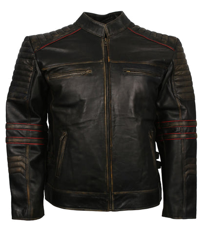 Men Distressed Black Red Striped Quilted Leather Jacket