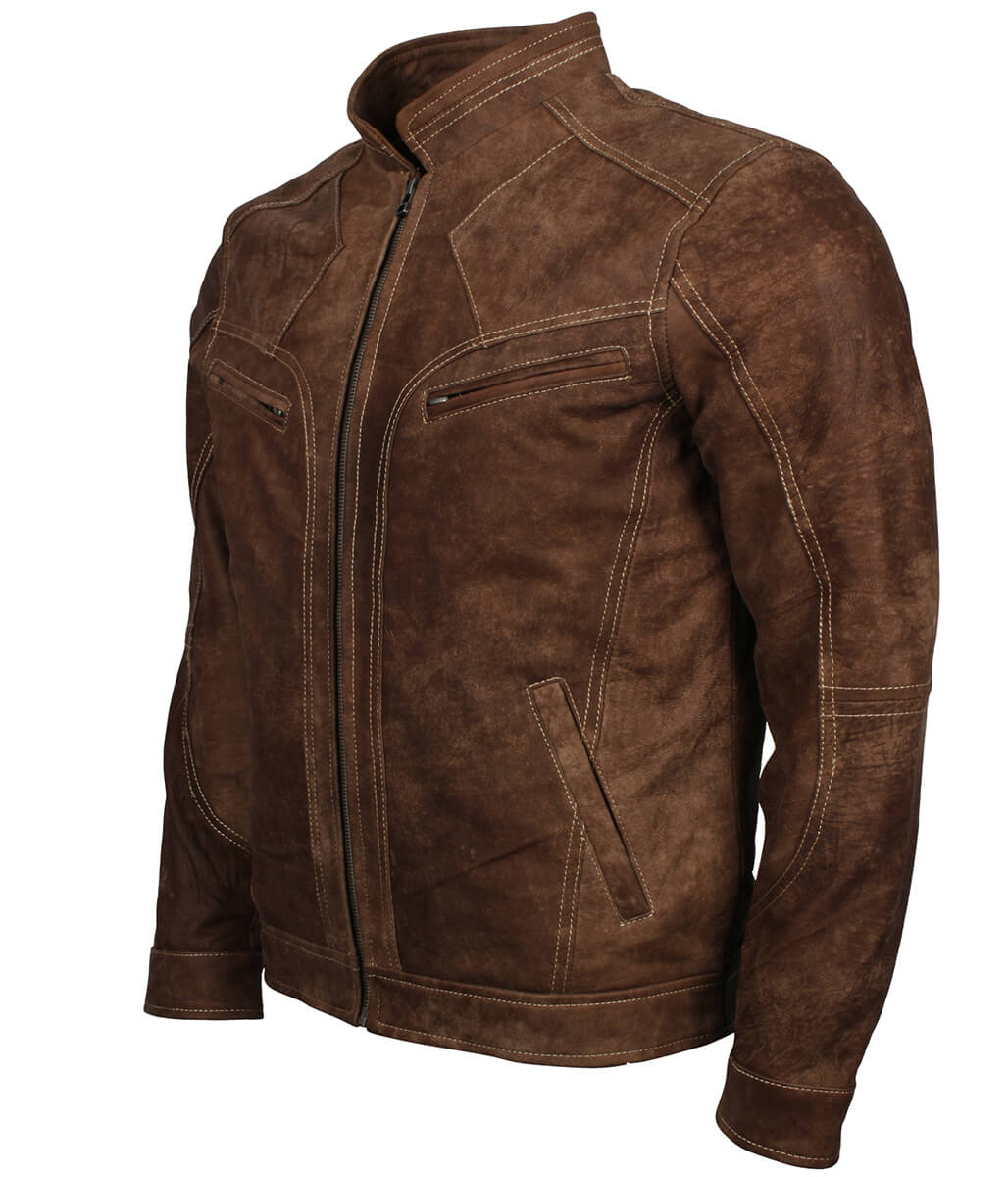 Men Distressed Cafe Racer Brown Leather Jacket