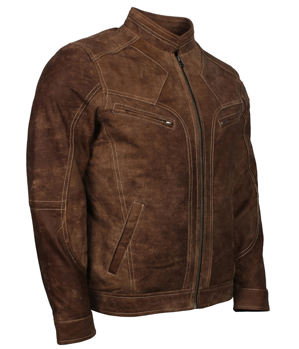 Men Distressed Cafe Racer Brown Leather Jacket