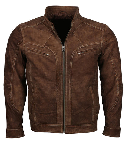 Men Distressed Cafe Racer Brown Leather Jacket