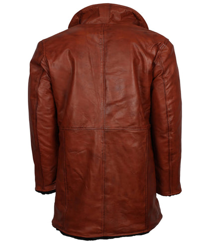 Men Distressed Cognac Brown Fur Leather Coat