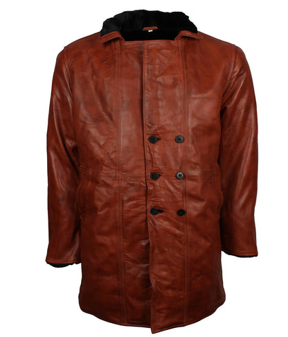 Men Distressed Cognac Brown Fur Leather Coat