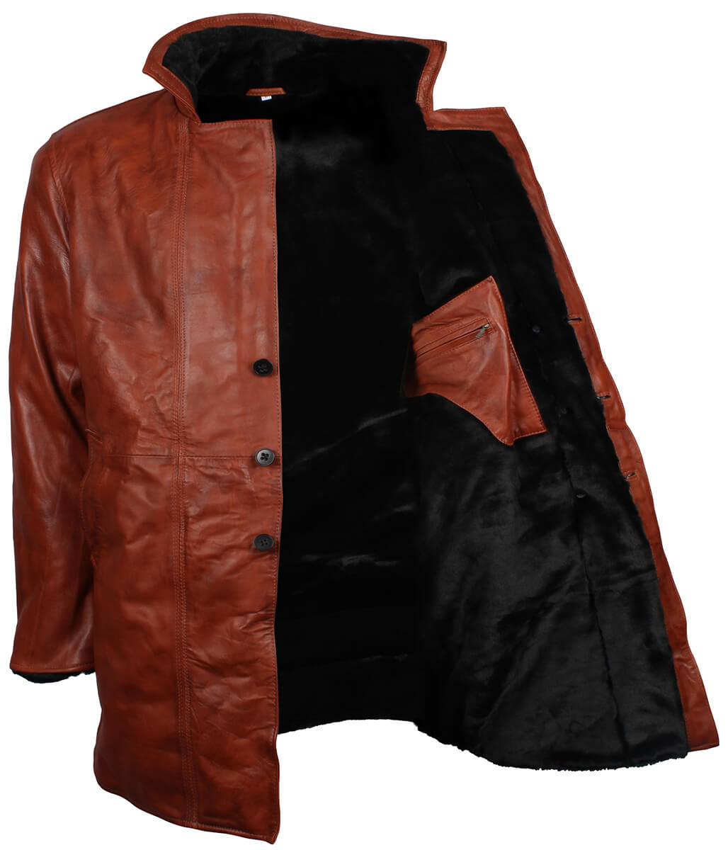 Men Distressed Cognac Brown Fur Leather Coat