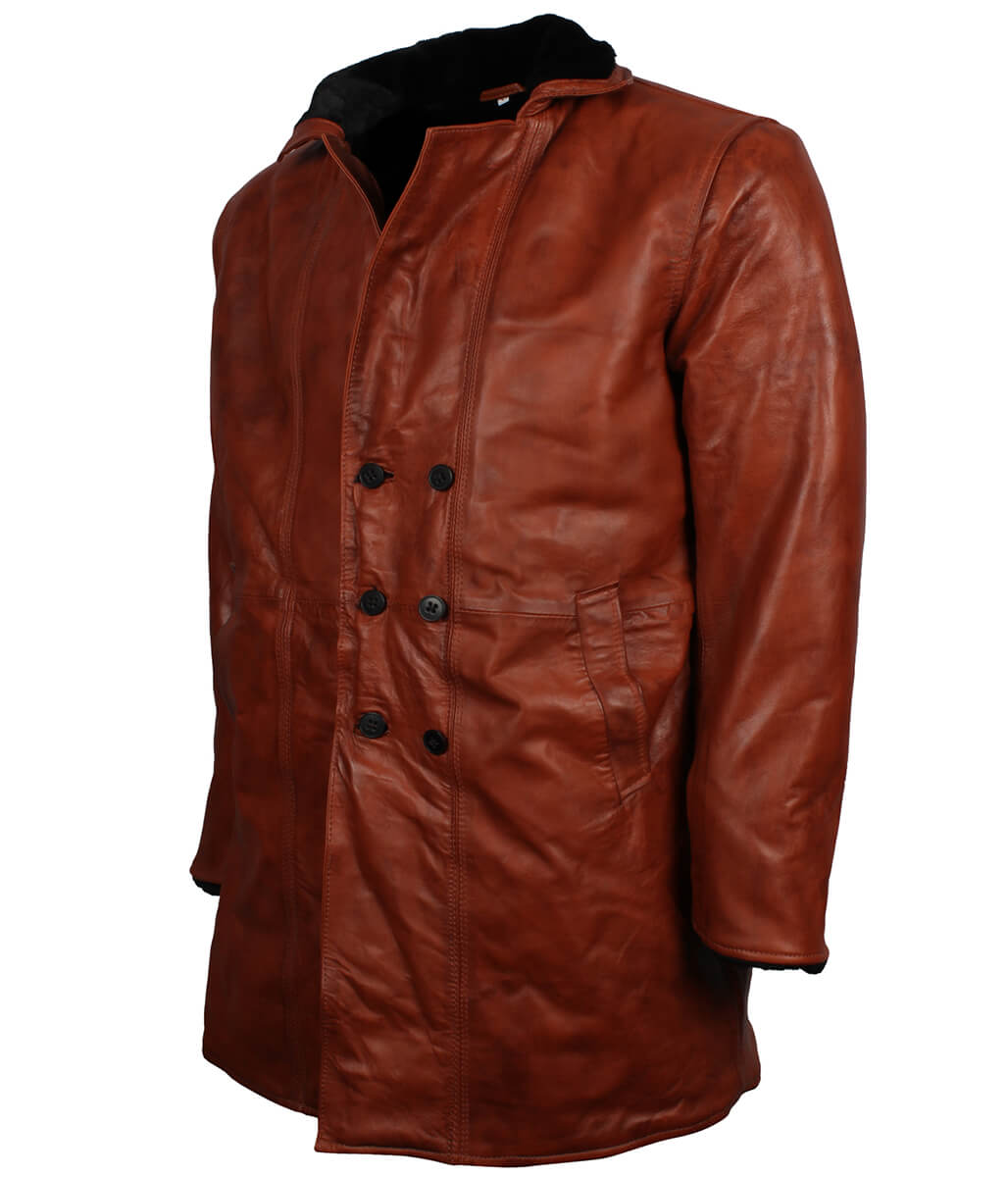 Men Distressed Cognac Brown Fur Leather Coat