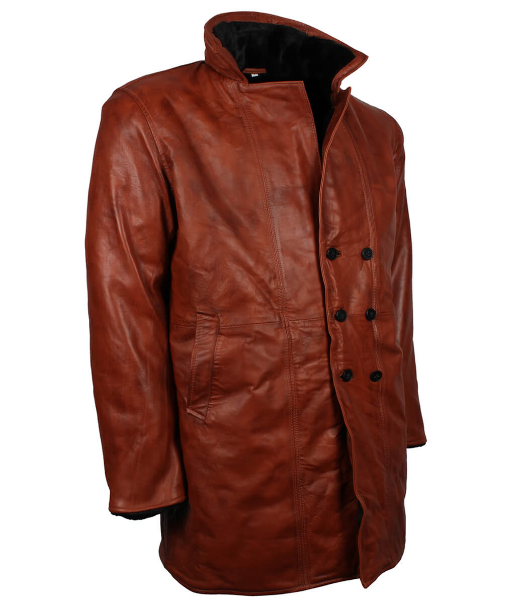 Men Distressed Cognac Brown Fur Leather Coat