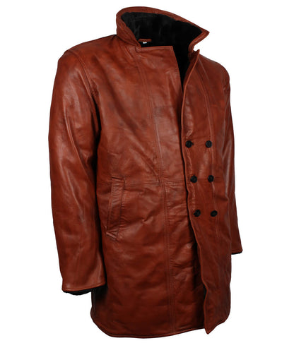 Men Distressed Cognac Brown Fur Leather Coat