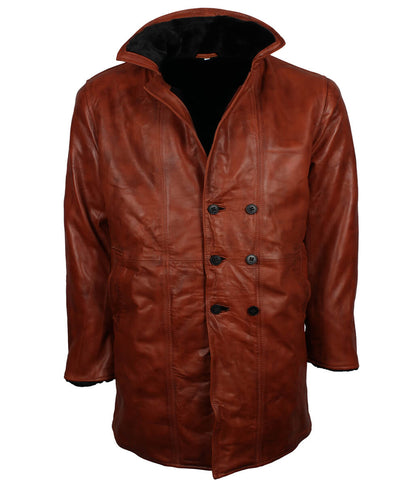 Men Distressed Cognac Brown Fur Leather Coat