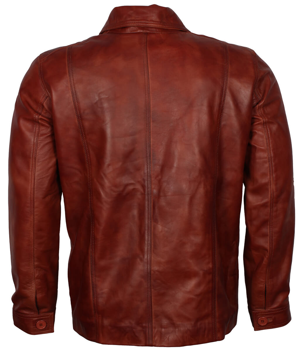 Men Distressed Cognac Brown Shirt Style Leather Jacket