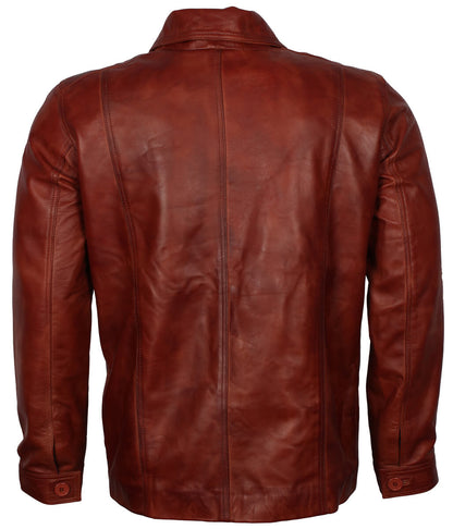 Men Distressed Cognac Brown Shirt Style Leather Jacket