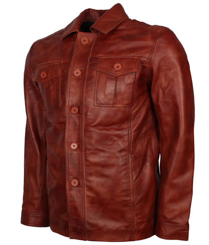 Men Distressed Cognac Brown Shirt Style Leather Jacket