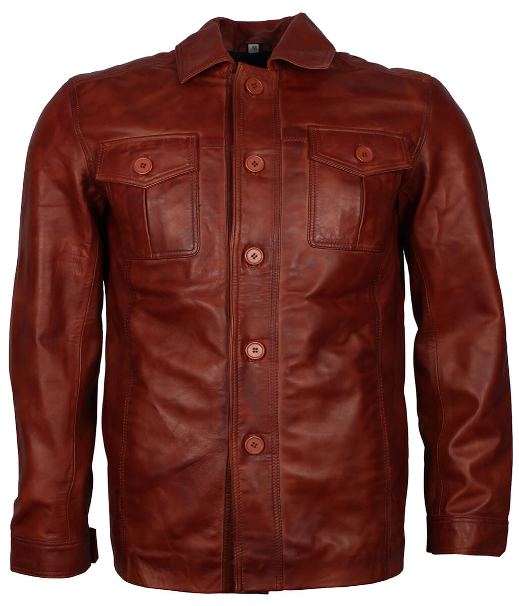 Men Distressed Cognac Brown Shirt Style Leather Jacket