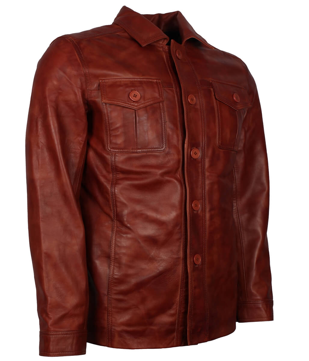 Men Distressed Cognac Brown Shirt Style Leather Jacket