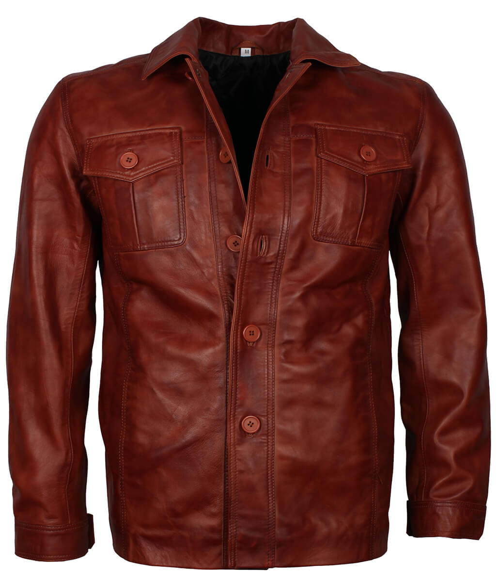 Men Distressed Cognac Brown Shirt Style Leather Jacket