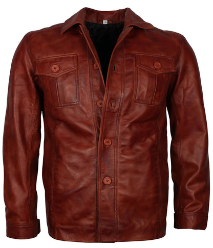 Men Distressed Cognac Brown Shirt Style Leather Jacket