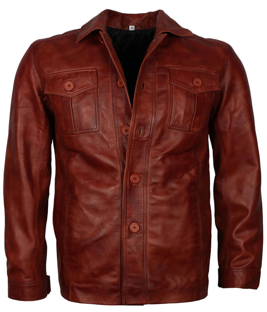 Men Distressed Cognac Brown Shirt Style Leather Jacket