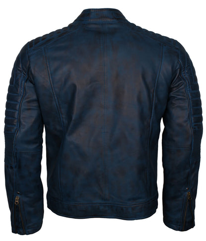 Men Distressed Padded Biker Navy Blue Leather Jacket