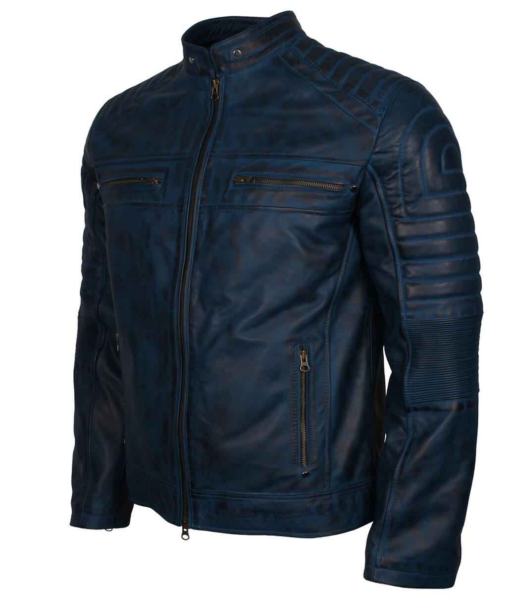Men Distressed Padded Biker Navy Blue Leather Jacket