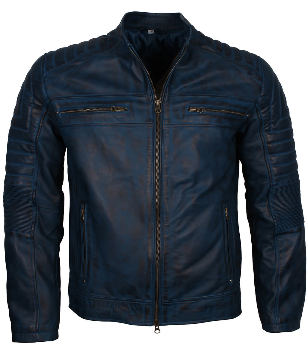Men Distressed Padded Biker Navy Blue Leather Jacket