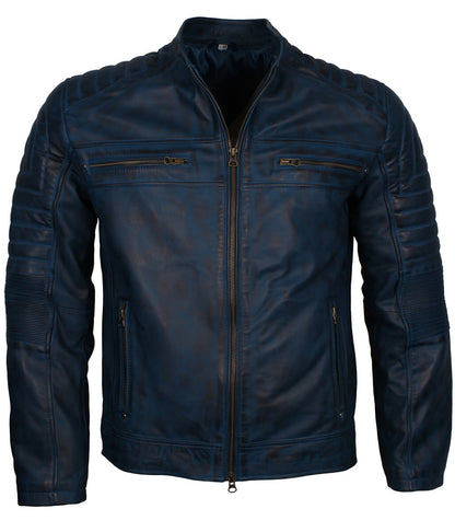 Men Distressed Padded Biker Navy Blue Leather Jacket