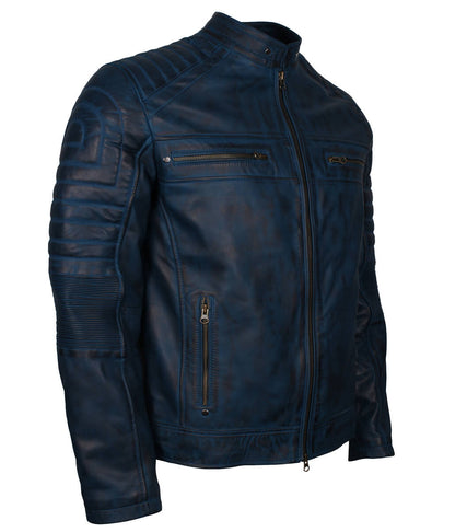 Men Distressed Padded Biker Navy Blue Leather Jacket