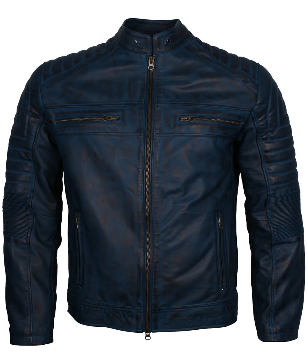 Men Distressed Padded Biker Navy Blue Leather Jacket