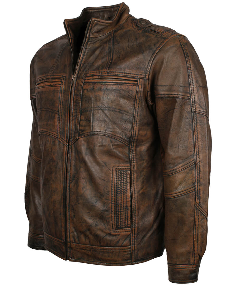 Men Distressed Waxed Brown Leather Jacket