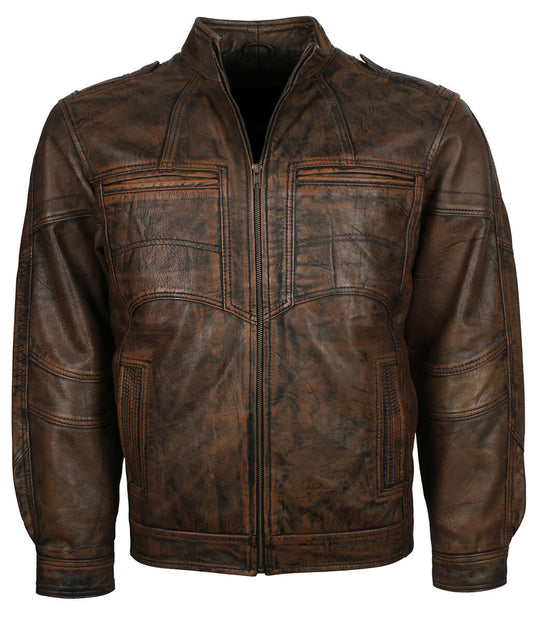 Men Distressed Waxed Brown Leather Jacket