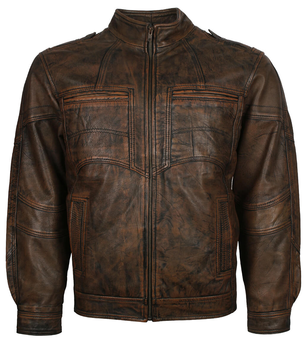 Men Distressed Waxed Brown Leather Jacket