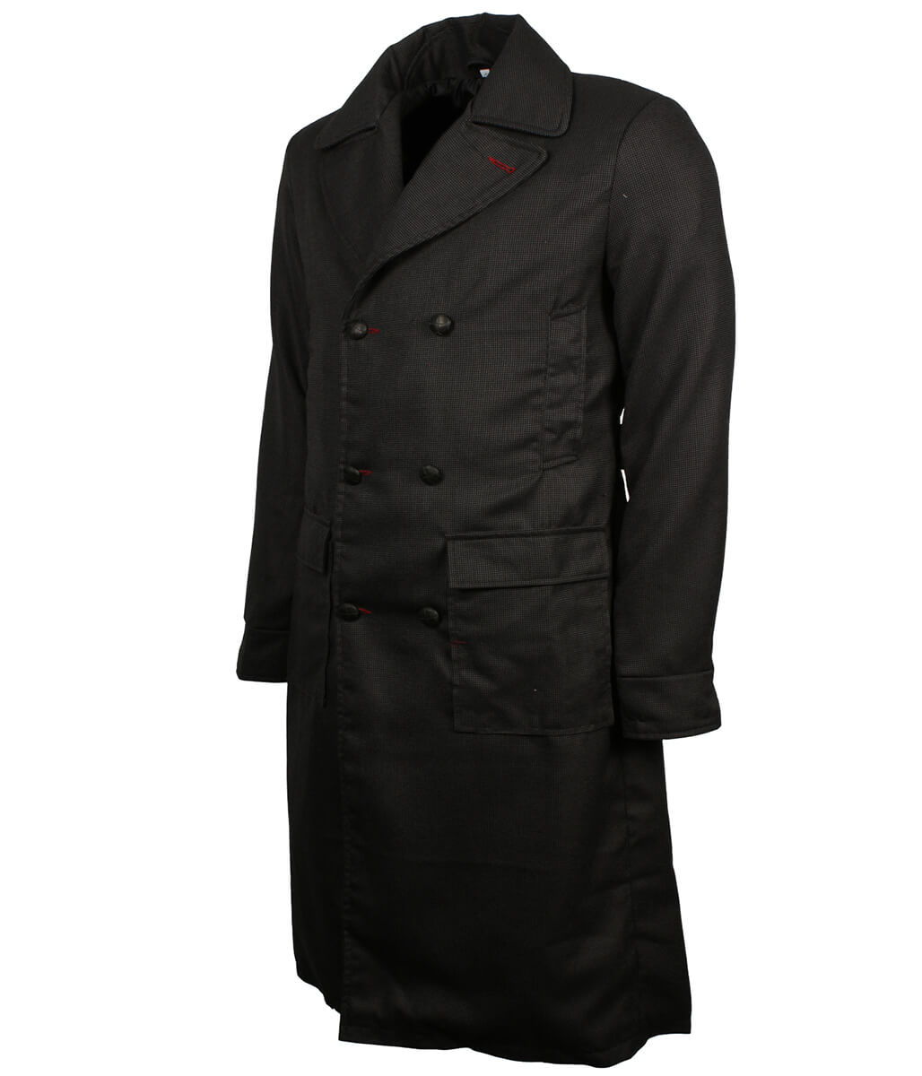 Men Double Breasted Charcoal Houndstooth Long Trench Coat