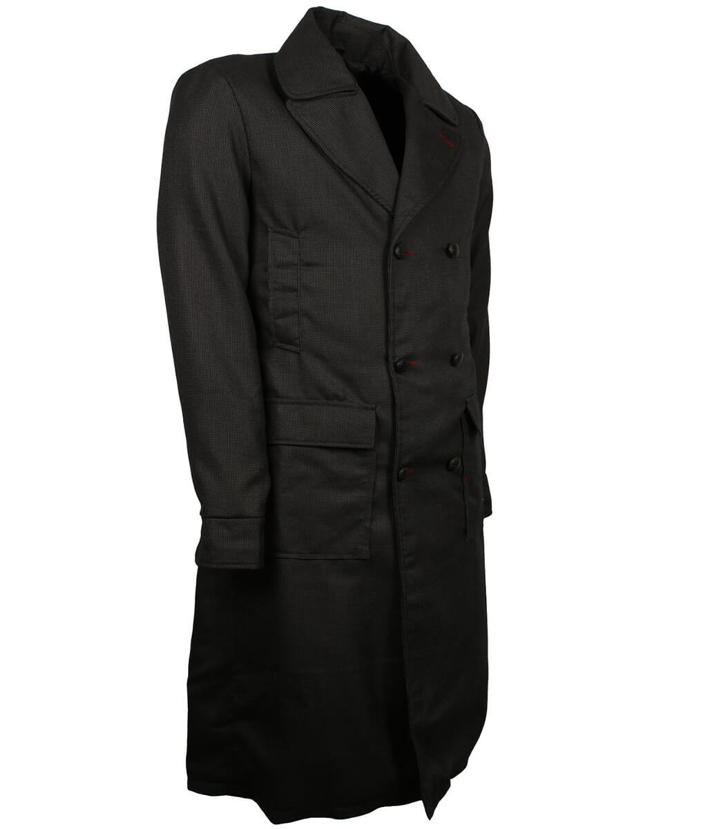 Men Double Breasted Charcoal Houndstooth Long Trench Coat