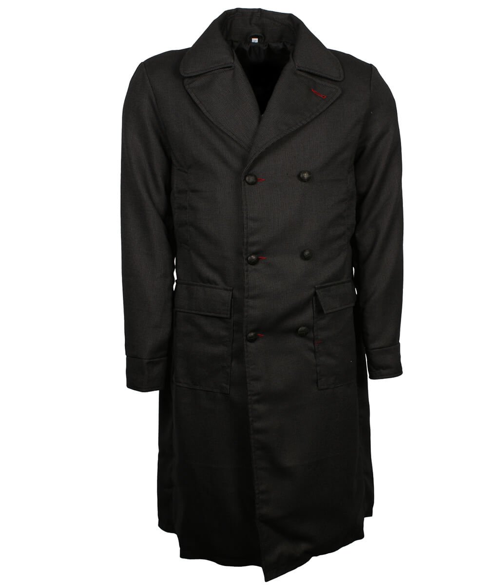Men Double Breasted Charcoal Houndstooth Long Trench Coat