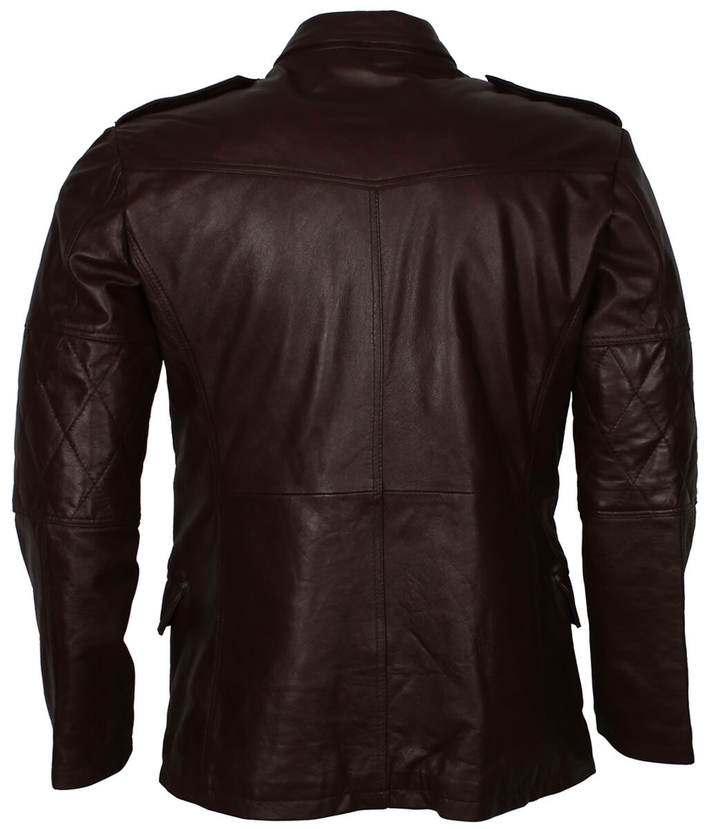 Men Fashion Diamond Quilted Sleeve Dark Brown Leather Trench Coat