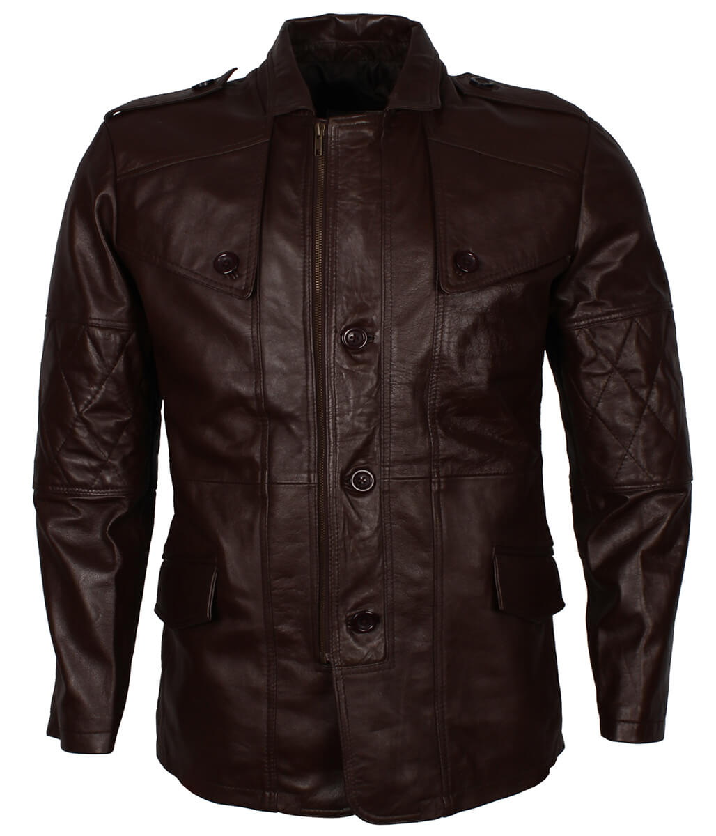 Men Fashion Diamond Quilted Sleeve Dark Brown Leather Trench Coat