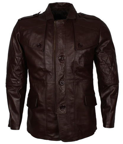 Men Fashion Diamond Quilted Sleeve Dark Brown Leather Trench Coat
